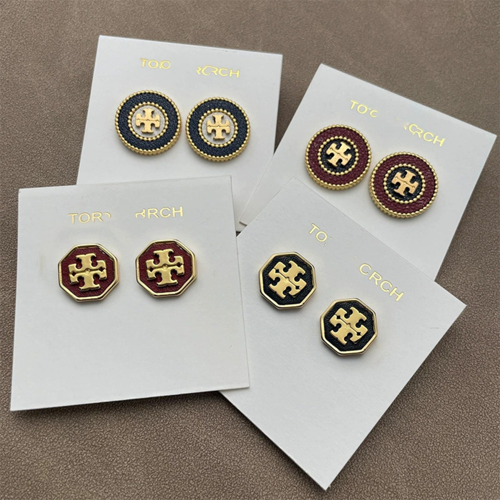 Tory Burch Two Tone Leather Round Geometric Letter Stud Earrings